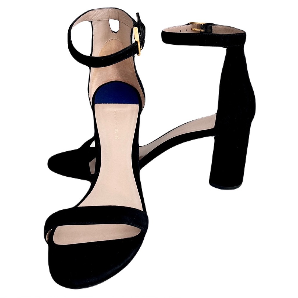 Stuart Weitzman Black Suede ‘Less Nudist’ Block Heel Sandals, Size 9